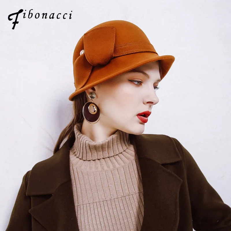 

Fibonacci 2017 New Autumn Winter Elegant Female Felt Fedoras Irregular Brim Fold Bow Wool Bucket Hat for Women Fedora Hat