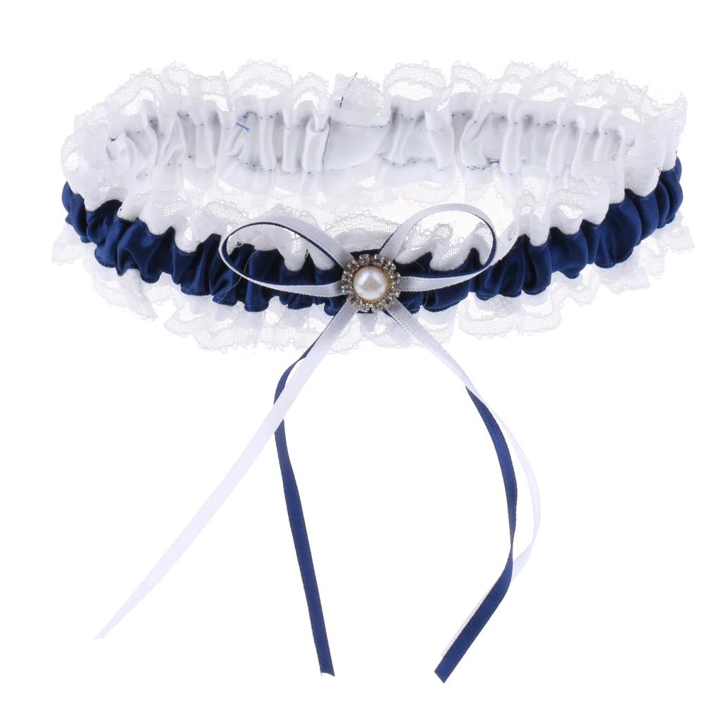 Elegant Bridal Garter Fashion Cute Women Crystal Charm Latest Bride's Wedding Sexy Garters Satin Lace Bow Knot Blue 