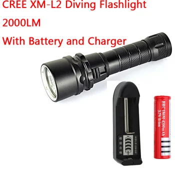 

New XML XM-L L2 LED Lanterna 2000 Lumens Diving Flashlight Torch Waterproof Underwater LED Light With 18650 Battery & Charger