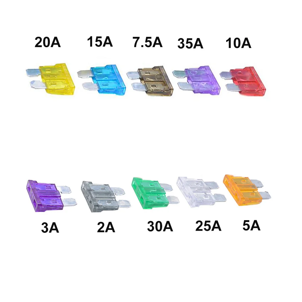 100pcs/lot Car Auto Medium Size Standard Blade Fuse Box Plastic Box Assortment with 2A 3A 5A 7.5A 10A 15A 20A 25A 30A 35A Fuses
