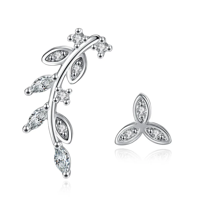 

100% 925 sterling silver fashion asymmetric leaf crystal ladies`stud earrings jewelry Anti allergy birthday gift drop shipping