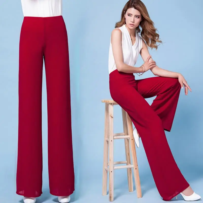 Летние Новые шифоновые брюки, широкие брюки для женщин, для отдыха, с высокой талией, длинные женские брюки - Цвет: Красный