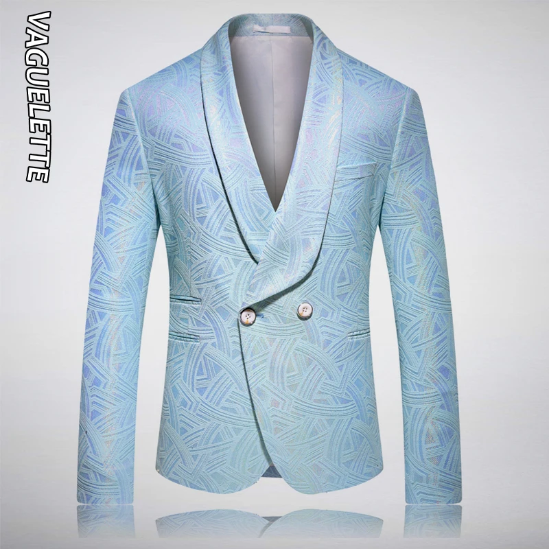 

VAGUELETTE Fashion 2 Buttons Blue Blazer Men Stage Jacket Coat For Singers Shawl Collar Stylish Tuxedos Blazer For Men M-5XL
