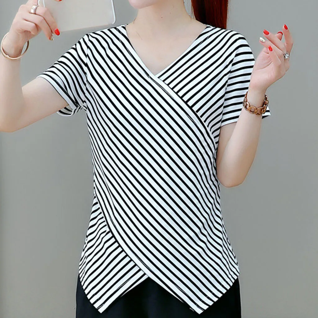 Women blouse 2019 Fashion Ladies' Short Sleeved  Lrregularity  Shirt With  V Neck Stripe Shirt