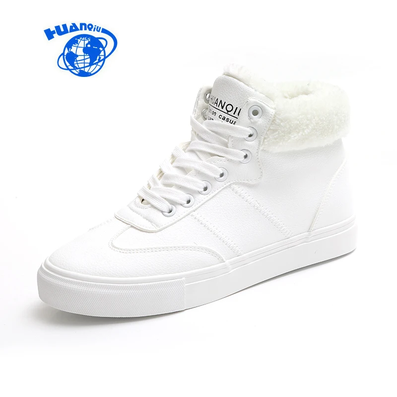 

HUANQIU White Sneaker for Women Winter Shoes Leather Short Plush Fur Lined Solid Color Female Black Shoes Ankle High Tops 35-39