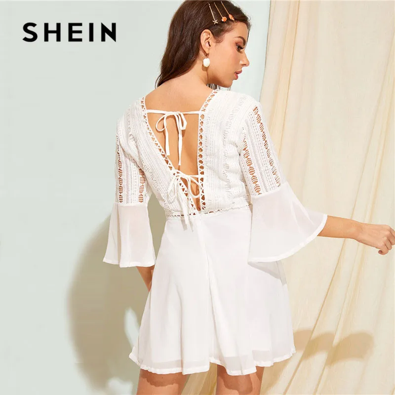 SHEIN التباين الكروشيه التعادل عودة الأبيض اللباس المرأة بوهو V الرقبة خط فستان صيفي عالية الخصر انتفض كم عارية الذراعين مثير اللباس