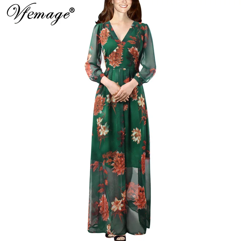 

Vfemage Women Celeb Elegant V Neck Puff Sleeve Floral Flower Print Chiffon Elastic Waist Casual Party A-Line Maxi Long Dress 835