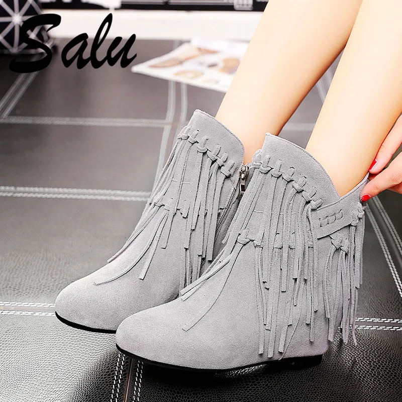 

Salu Women Basic Ankle Boots Cow Suede Autumn Winter Warm Shoes Fringe Round Toe Top Quality Casual Shoes Woman Size 41 42