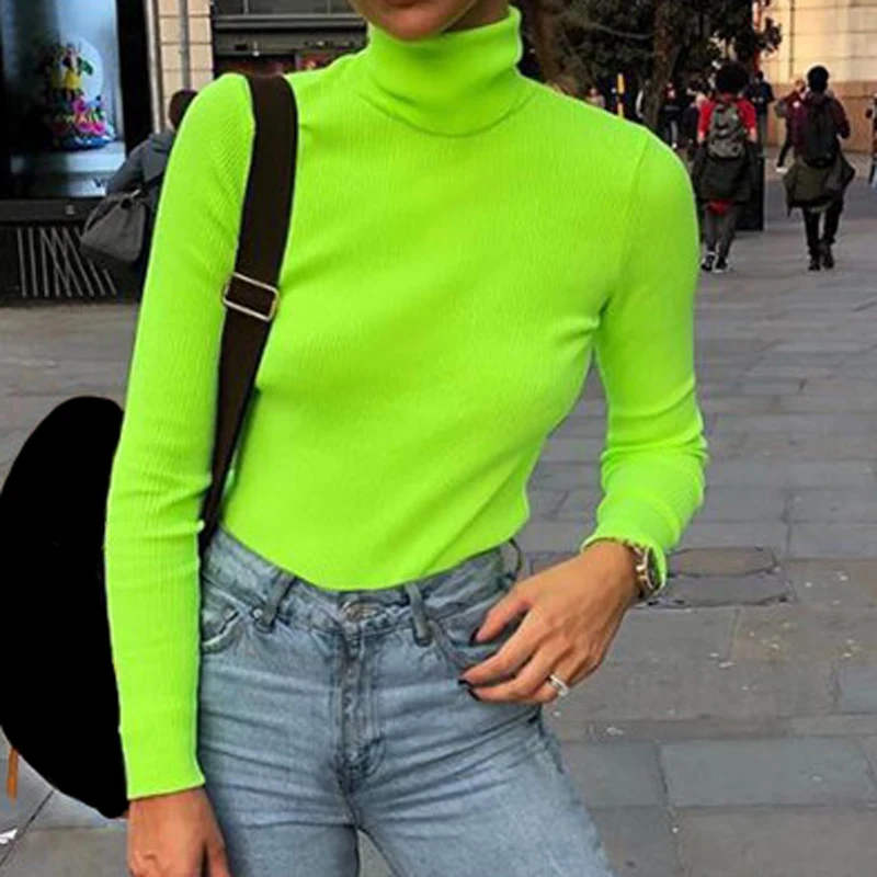 

Fluorescent Green Knitted Pullovers Shirts Women Turtleneck Long Sleeve Sweaters Female Club Spring Sexy Elastic Jumpers Tops