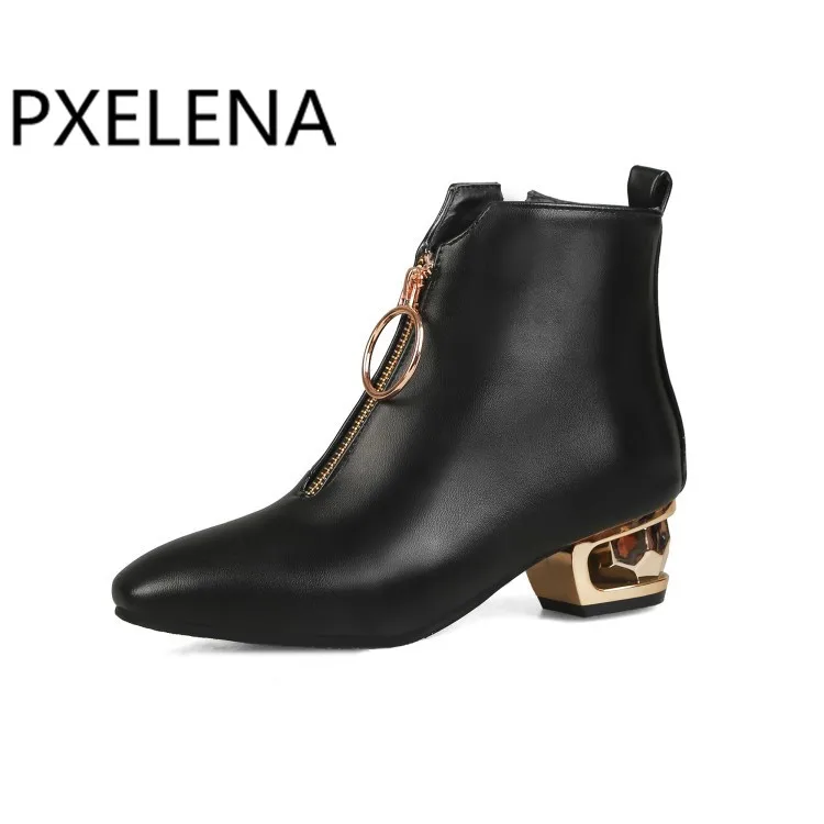 Модные женские ботильоны PXELENA 2018 с квадратным носком и молнией спереди на среднем