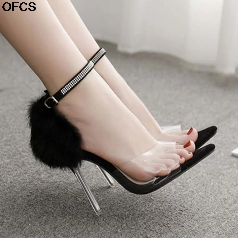 

Fashion Crystal Heel Women Sandals Summer Sexy Sandals PVC Transparent Rhinestone Buckle Pointed Open Toe Women Shoes Size 35-42