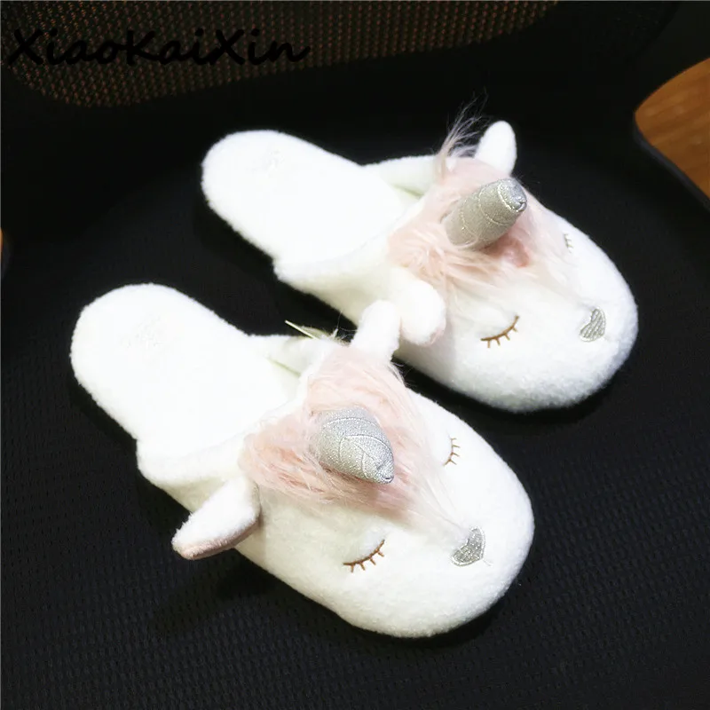 

XiaoKaiXin Lovely Unicorn Slipper Female Winter Warm Faux Wool Fur Indoor Floor Home Shoes Cartoon Animals Unicornio Zapatillas