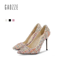 GAOZZE Fashion High Heels Pumps Party Women Shoes 2018 Spring New Colorful Woven Cloth 10cm Sexy Pointed Toe Heels Shallow Mouth