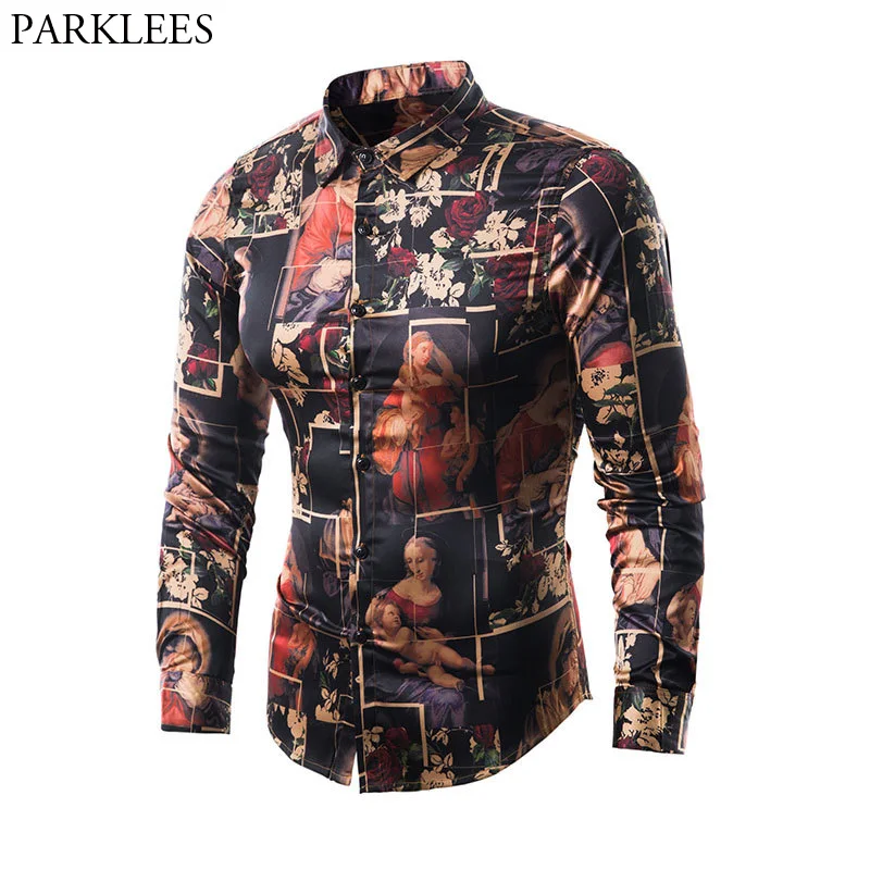 

Vintage Print Shirt Men 2018 Brand New Middle Ages Pattern Slim Fit Long Sleeve Dress Shirts Mens Casual Party Social Shirt Male