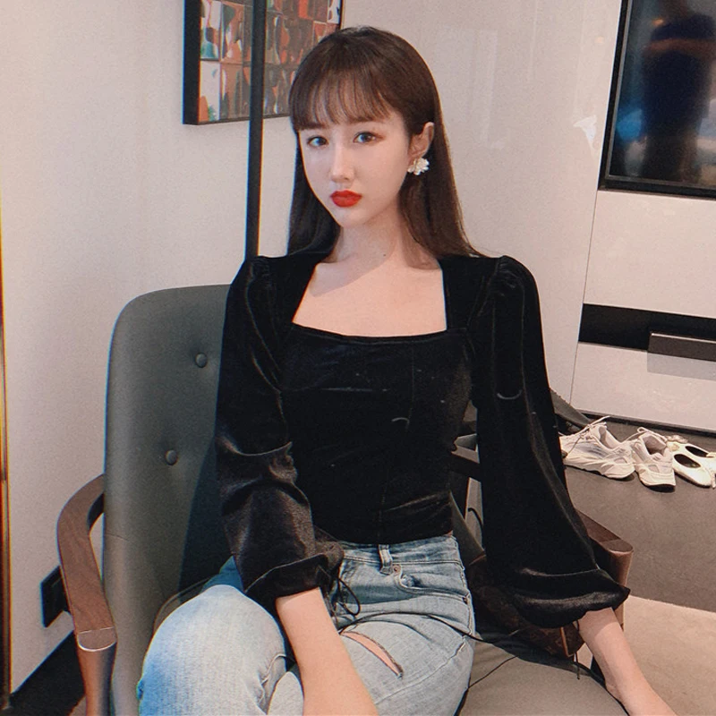 

Black Velour T-shirt Women Square Collar Lantern Sleeve Velvet Top Tees Fashion Elegant Female Tops