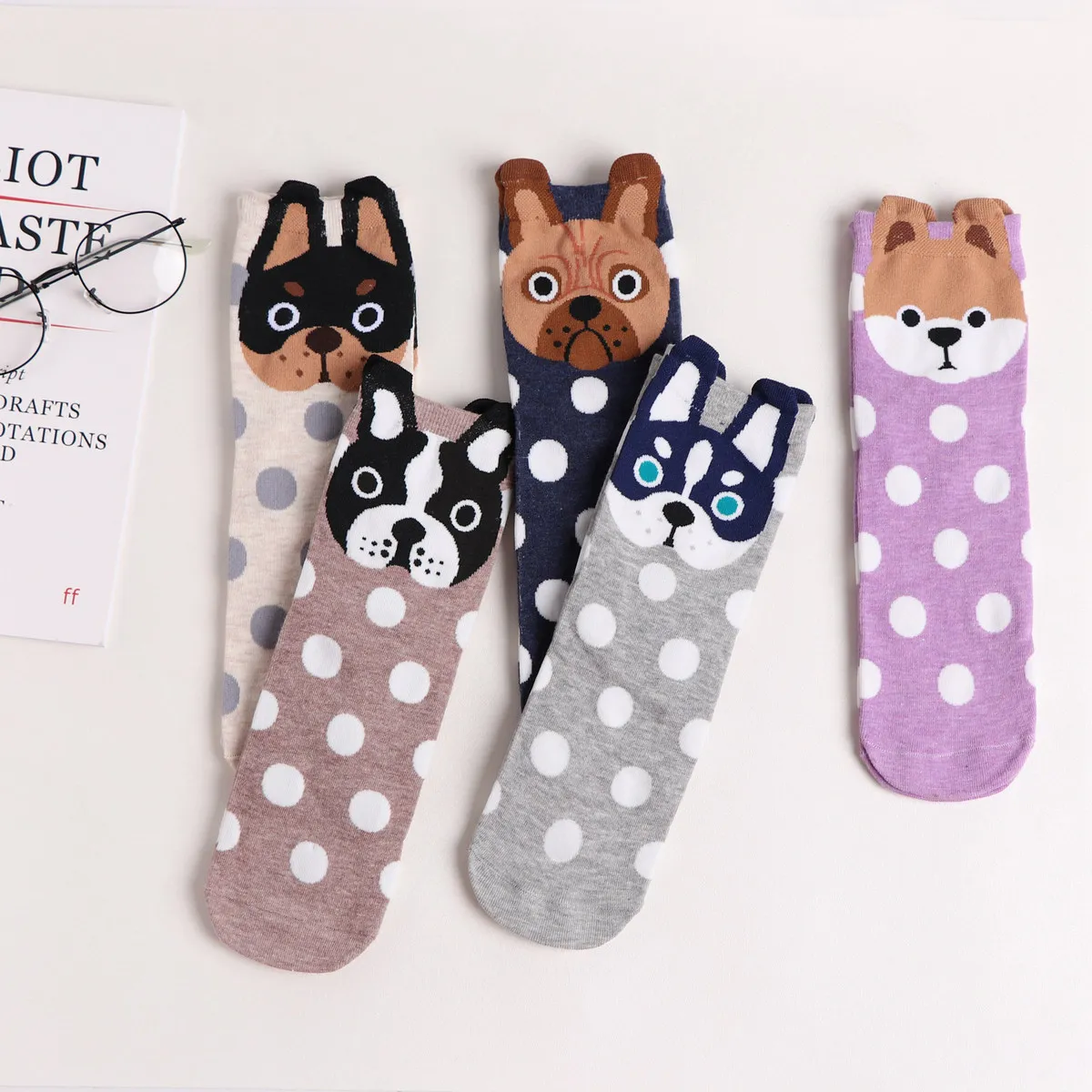 

2018 New Cartoon Funny Dog Patchwork Dot Short Socks 1 Pair