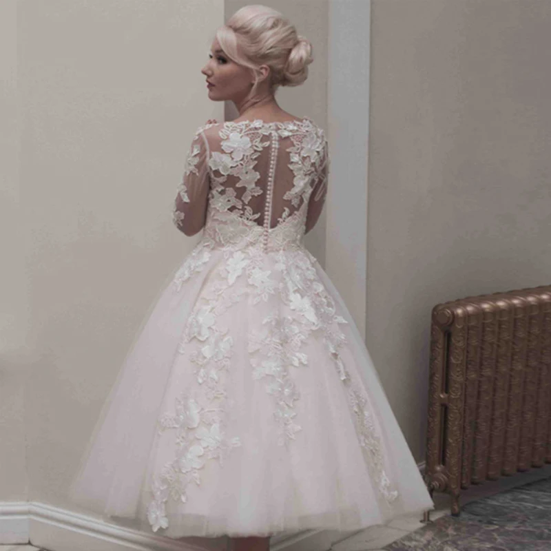 2016 A Line Mid Calf Garden Wedding Dresses Hot Log Full Sleeve 2016 A Line Mid Calf Garden Wedding Dresses Hot Log Full Sleeve V Neck Princess Tea Length Liques Lace Gowns In From