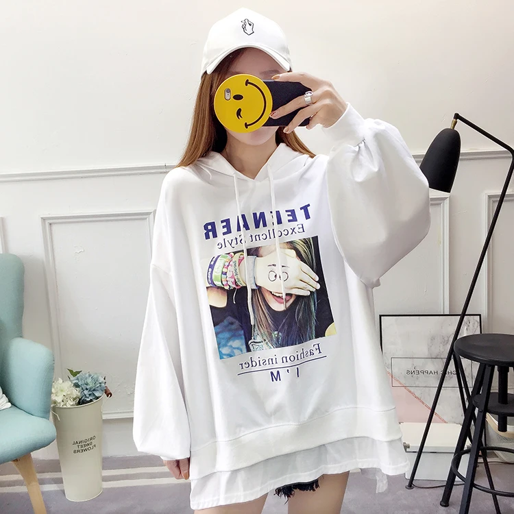 

New Autumn Top Harajuku Loose Long-sleeve Couple Hoodies Sweatshirt Funny Pattern Print Fake Two Plus Size Casual Pullover