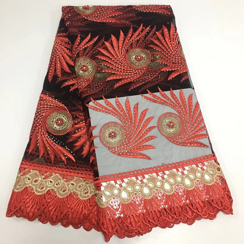 

Free shipping 5yards/pc wonderful embroidered African French net lace fabric black and red with lots of beads and stones FLD003