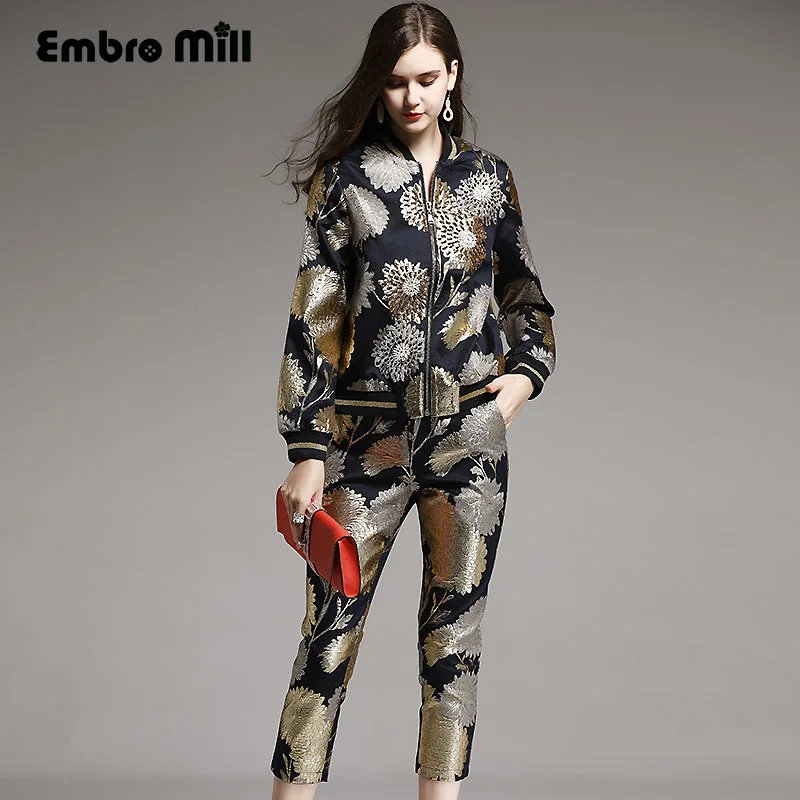 

High-end autumn women floral 2 pieces lady set rayon vintage slim beading coat Tops +Jacquard pants lady suit female M-XXL