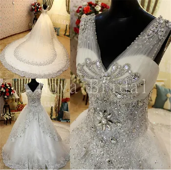 

Vintage Wedding Dress 2019 Ball Gown Long Train Heavy Crystal Bling Lace Bridal Dresses Luxury Princess Vestido De Noiva IZ205