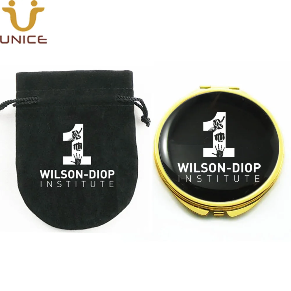 

100pcs/lot Customized LOGO Gold Color Compact Mirrors & Velvet Gift Bag Custom Private Brand Label Golden Pocket Makeup Mirror