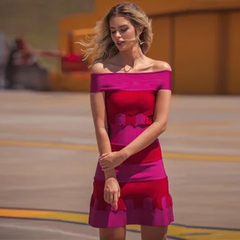 

2018 celebrity sexy club patchwork off the shoulder slash neck empire vintage bandage body con party dresses wholesale