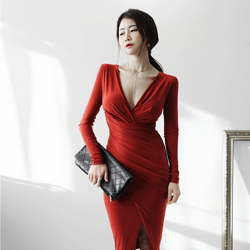 

BGTEEVER Sexy V-neck Full Sleeve Skinny Women Dress 2019 Elegant Bodycon Hip Package Female Vestidos Slim Waist Midi Party Dress