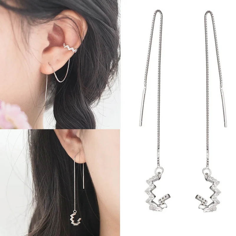 

Crystal Wave Moon Bar Long Chain Threader Earrings or Ear Wrap Climber Clip Two Wearing 925 Sterling Silver Earrings Jewelry