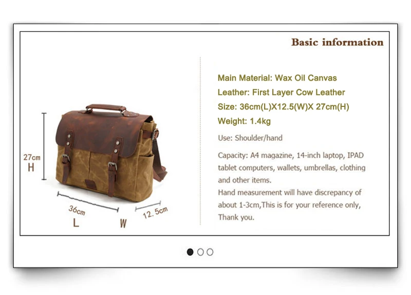 DIMENSIONS of Woosir Waxed Canvas Camera Bag