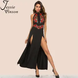 Джесси Винсон с открытыми плечами спинки разделение длинное платье для женщин Цветочная вышивка с сеткой плюс размеры Макси Вечерние черн