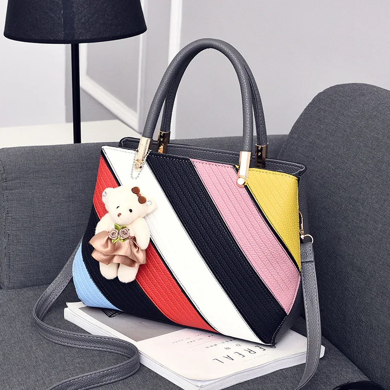 Women Stripe Handbag Female Leather Crossbody Bag Lady Fashion Bear Messenger Shoulder Bags Bolsa Purse Tote Sac A Main SS7214 (1)