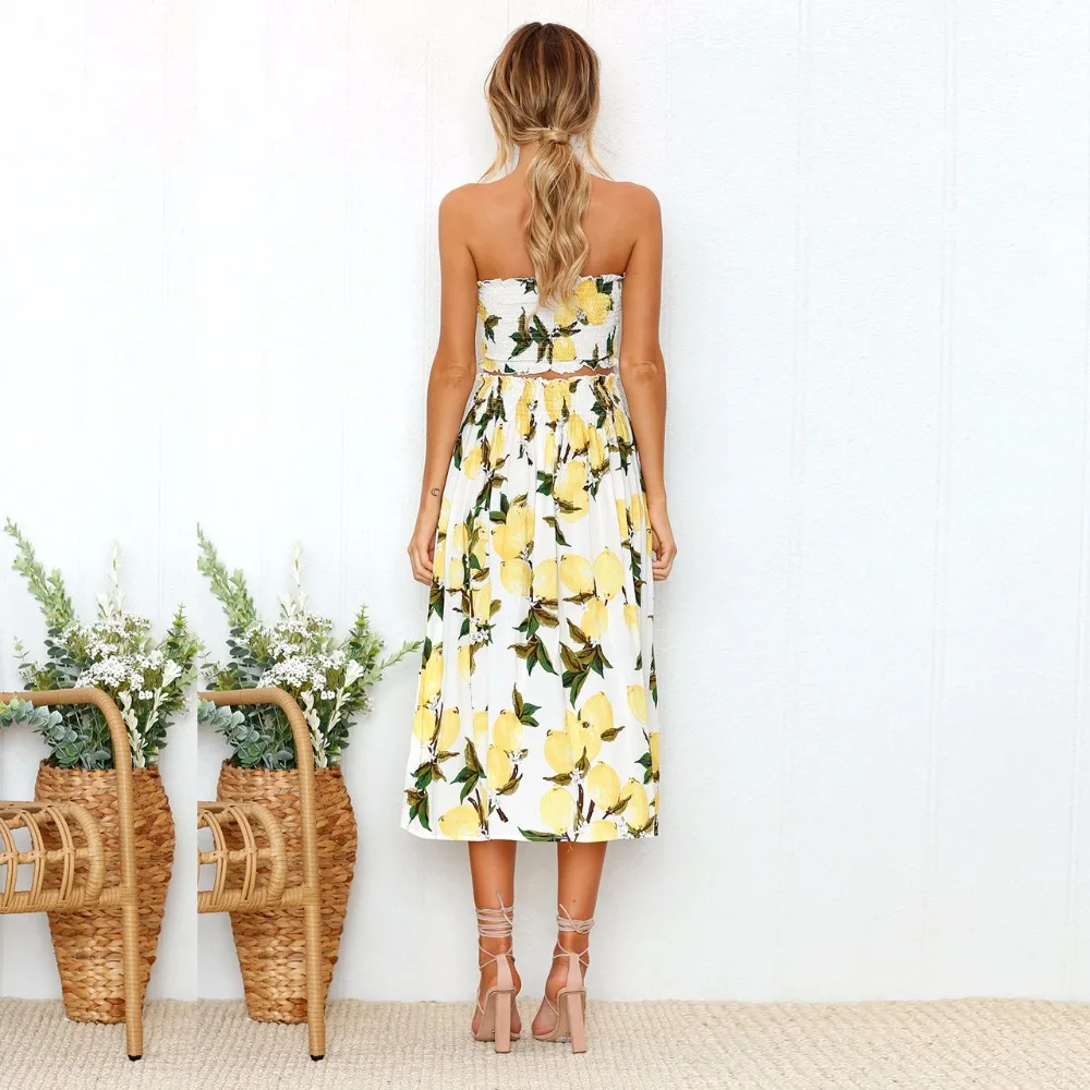 HCYO Tunic Sexy Strapless Backless Beach  Two-piece skirt  Summer Women Streetwear Two Piece Floral Printed Bohemian  Set Skirt (5)