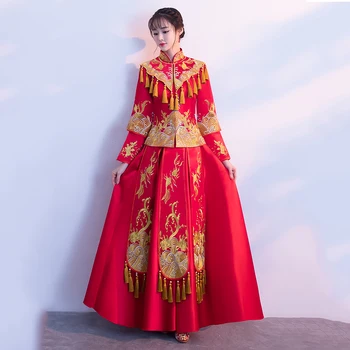 

Asian Bride Wedding Dress Gown Elegant Women Slim Cheongsam Vestidos Embroidery Goldfish Marriage Suit Gold Tassel Tang Clothes