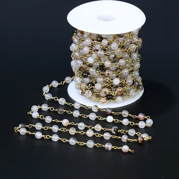 

HanKun 6mm Handcrafted Natrural Grey Color Faceted Round Agates Beads With Brass Wire Wrapped Rosary Stone Bead Chain Necklace