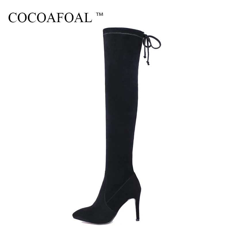 

COCOAFOAL Genuine Leather Thigh Lace Up High Boots Women Black High Heeled Shoes Plus Size 43 Winter Chelsea Over The Knee Boots