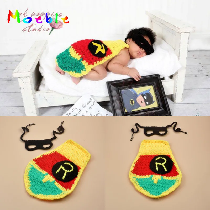 Latest Crochet Robin Sidekicke Mask&Cap Set Crochet Newborn Baby Photography Props Infant Baby Halloween Costume 1set MZS-16001