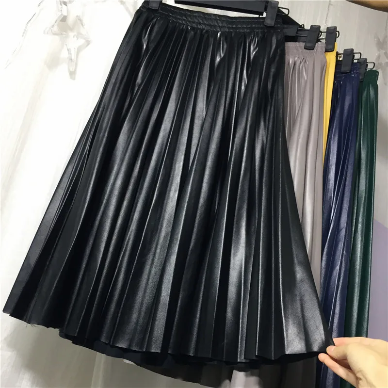 Женская юбка из ПУ кожи с завышенной талией 5 цветов на выбор|high waist leather skirt|pleated