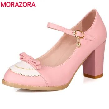 

MORAZORA SIZE 34-45 2020 spring womens pumps buckle strap 8cm thick high heels round toe fashion ladies pumps wedding shoes