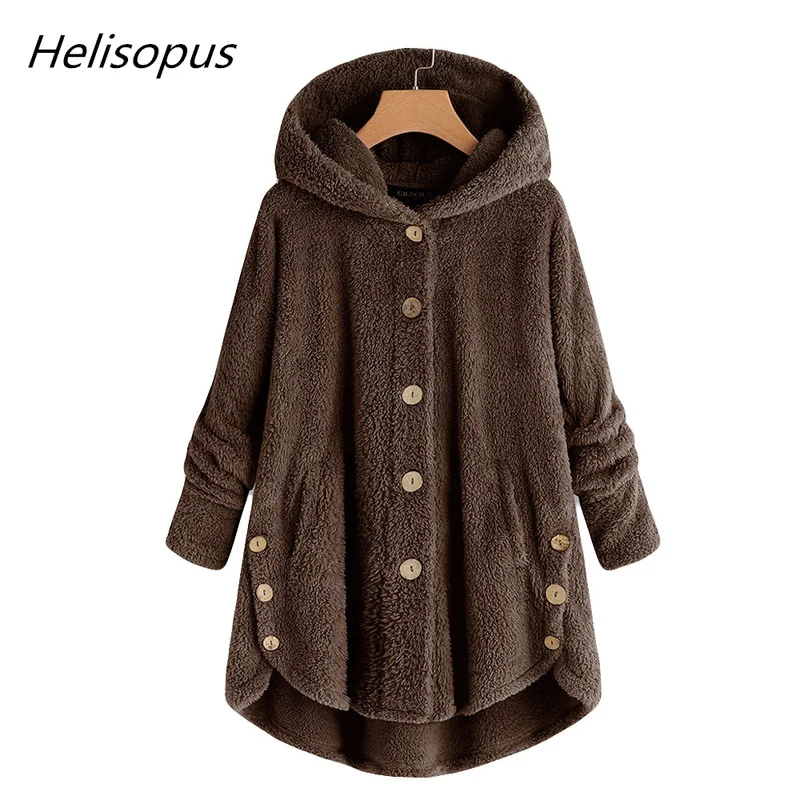 Helisopus الشتاء جديد أزرار لون نقي سترة النساء أفخم معطف مقنع منفوش فضفاض Caual قمم قميص معطف زائد حجم 3XL