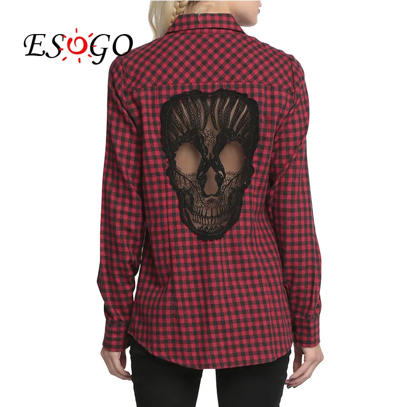 

Spring Summer Women Blouses Skull Hollow Out Plaid Shirts Long Sleeve Button Down Shirt Causal Red