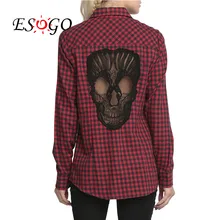 Spring Summer Women Blouses Skull Hollow Out Plaid Shirts Long Sleeve Button Down Shirt Causal Red