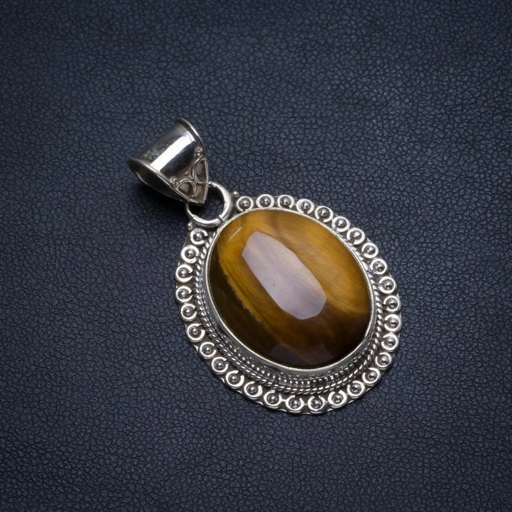 

Natural Tiger Eye Handmade Indian 925 Sterling Silver Pendant 1 1/2" T2907