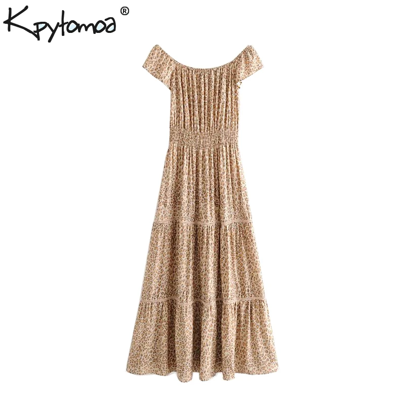 

Boho Chic Summer Vintage Leopard Print Pleated Maxi Dress Women 2019 Fashion Off Shoulder Elastic Waist Beach Dresses Vestidos