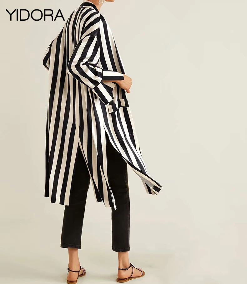 Женский контрастный плащ кимоно F/W длинное пальто в полоску с передними