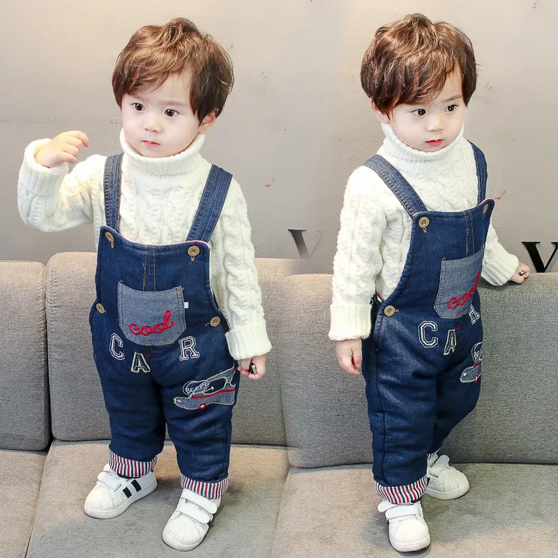 

2018 Hot Sale New Plus Velvet Thick Baby Infant Children Cartoon Solid Color Bib Jeans Denim Pants Baby Pants 12M-4 Years Old