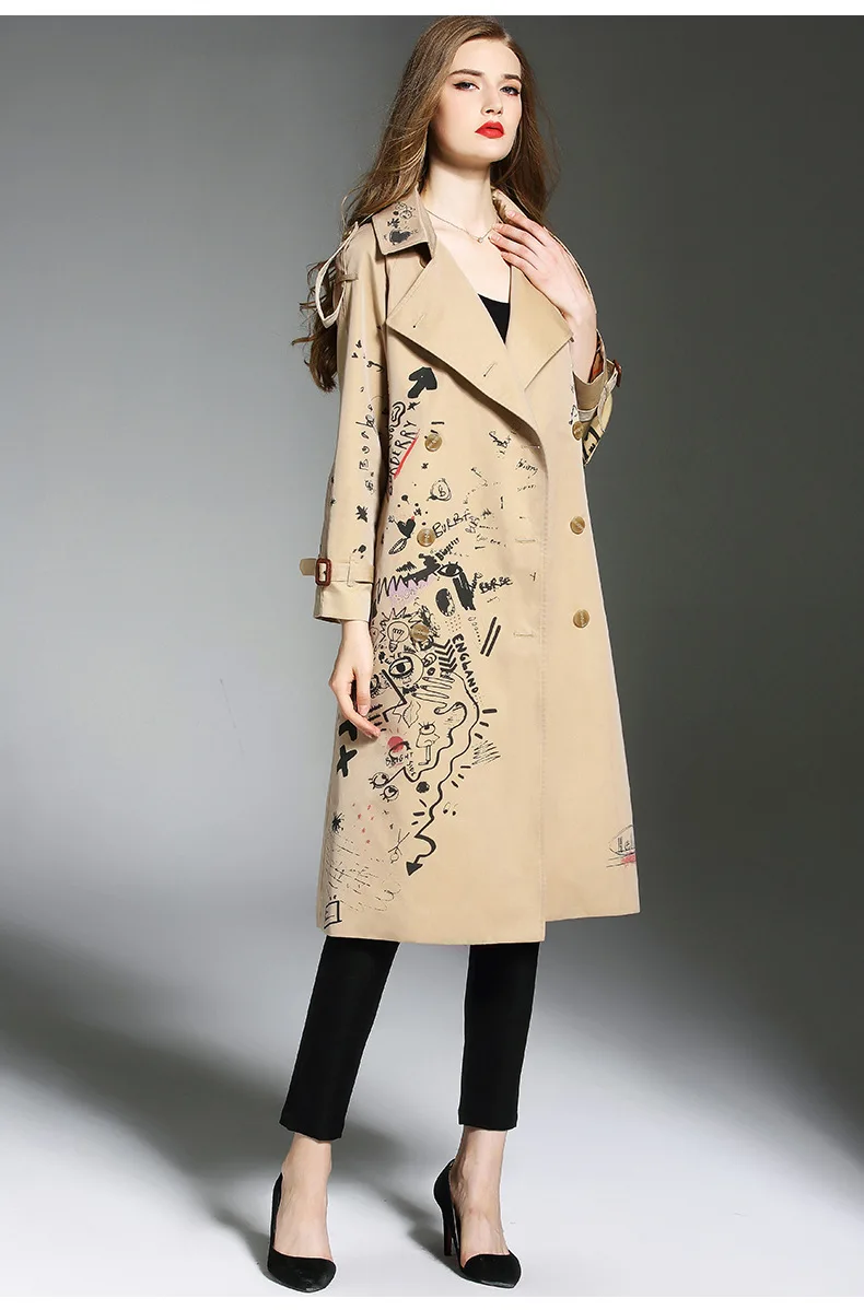 Fashion women 's print Trench coat Spring Autumn england style double breasted belt windbreaker coat Chic lady wind coat D498