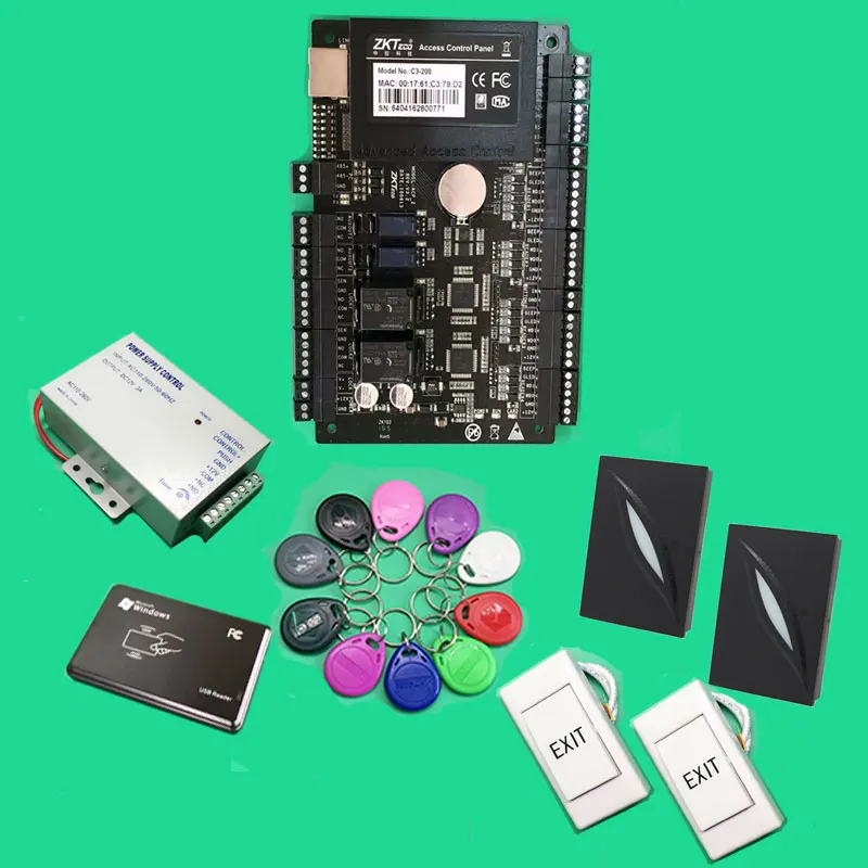 

ZK C3-200 Access Control Panel Two Doors Access Control+2pcs KR100E card reader 2pcs Exit Button For Access Control