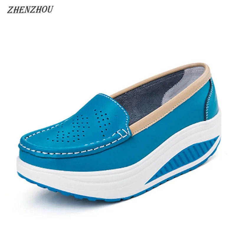 US $13.38 Womens Shoes Spring Genuine Leather Soft Outsole Work Shoes Female Black Swing Shoes Woman Plus Size Wedges Single Shoes