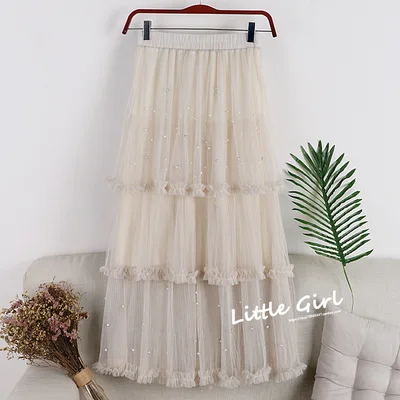 ivory Весенние бусина Boho Длинные юбки из тюлевой ткани Милая Многоуровневая гофрированная макси юбки розовые цвета слоновой кости длинные юбки для женщин - Цвет: ivory